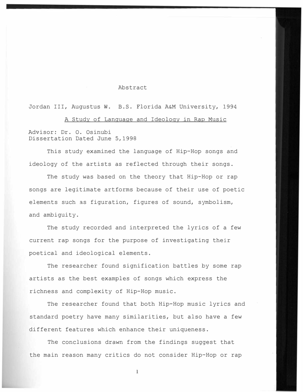 Abstract Jordan III, Augustus W. B.S. Florida A&M University, 1994 A