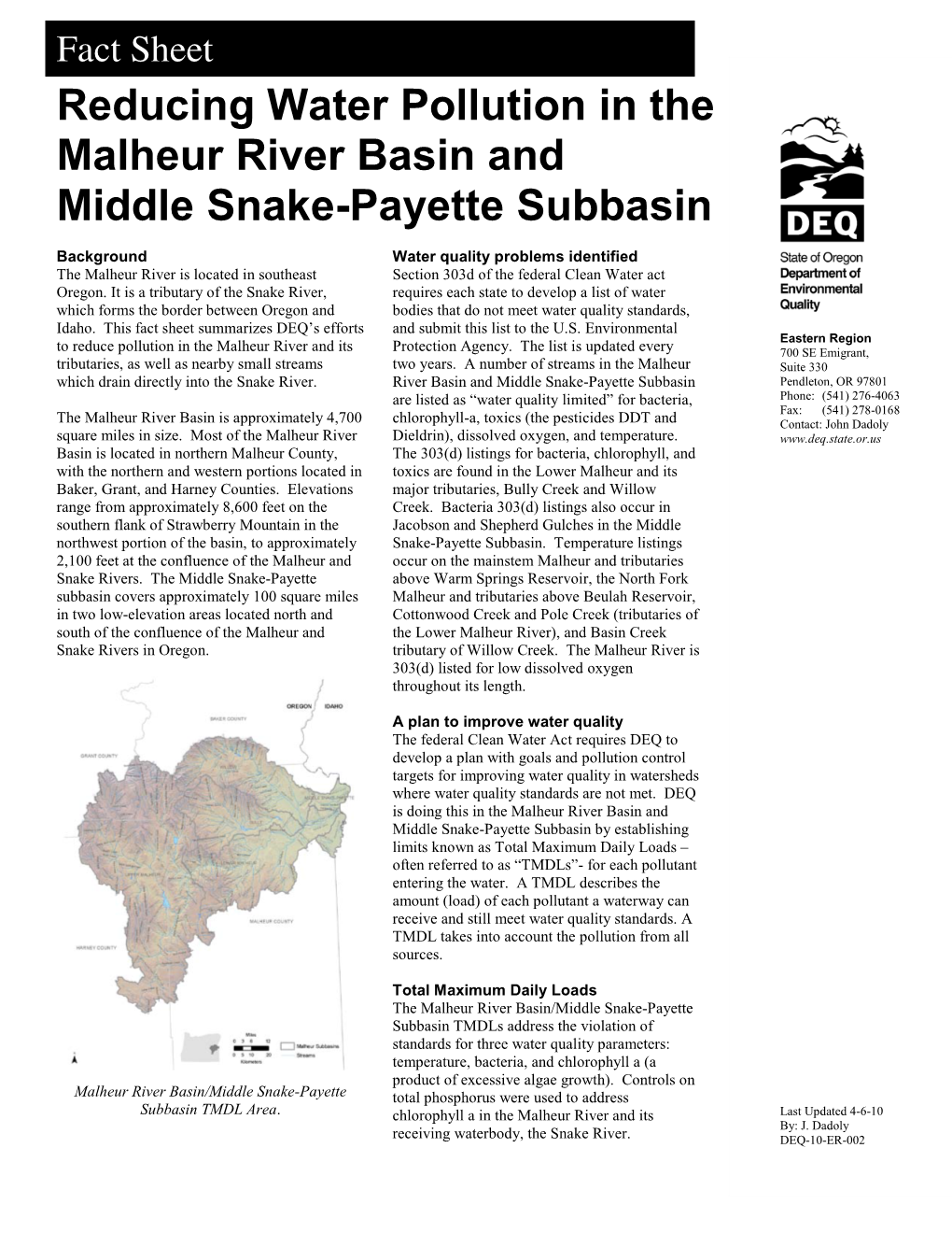 Reducing Water Pollution in the Malheur River Basin and the Middle Snake-Payette Subbasin