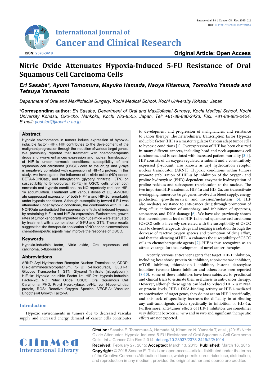 Nitric Oxide Attenuates Hypoxia-Induced 5-FU Resistance