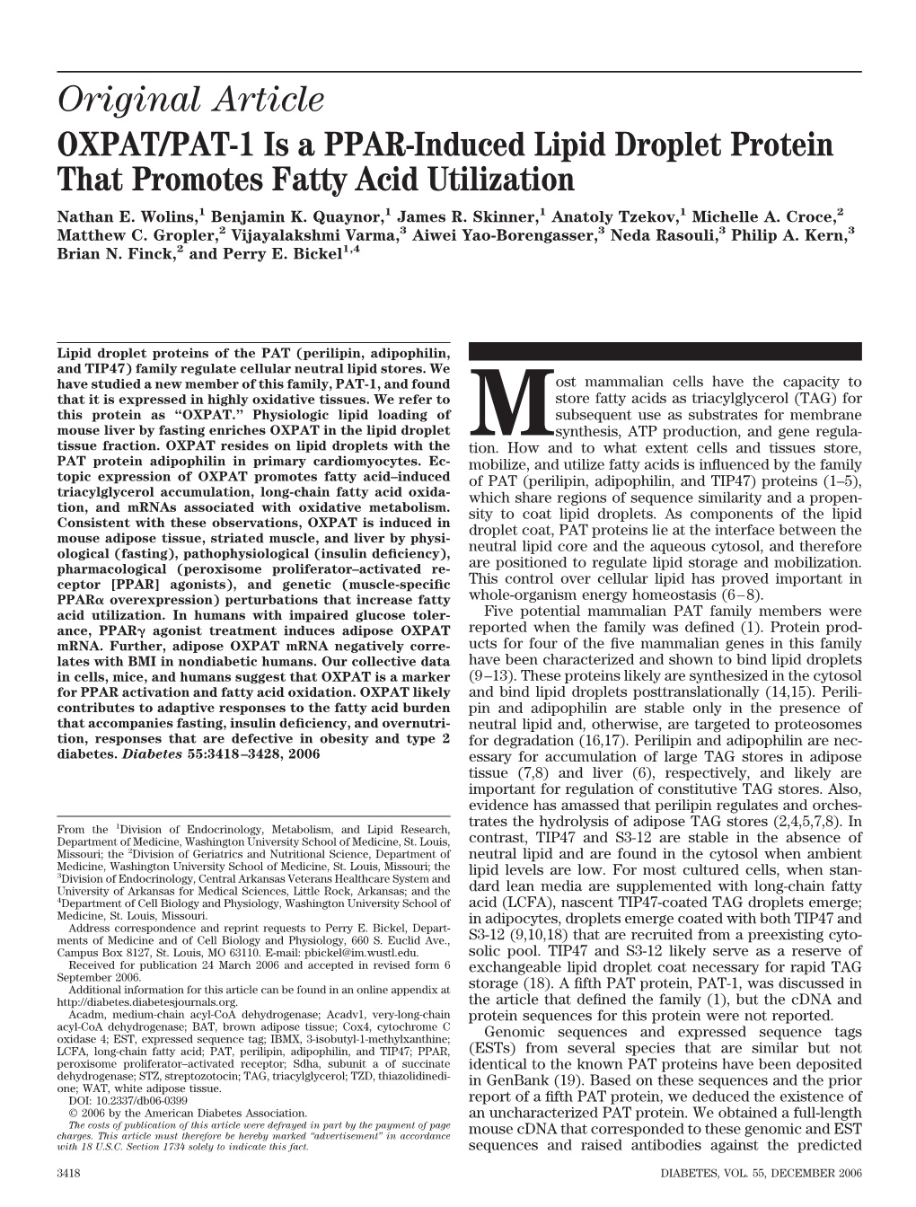 Original Article OXPAT/PAT-1 Is a PPAR-Induced Lipid Droplet Protein That Promotes Fatty Acid Utilization Nathan E