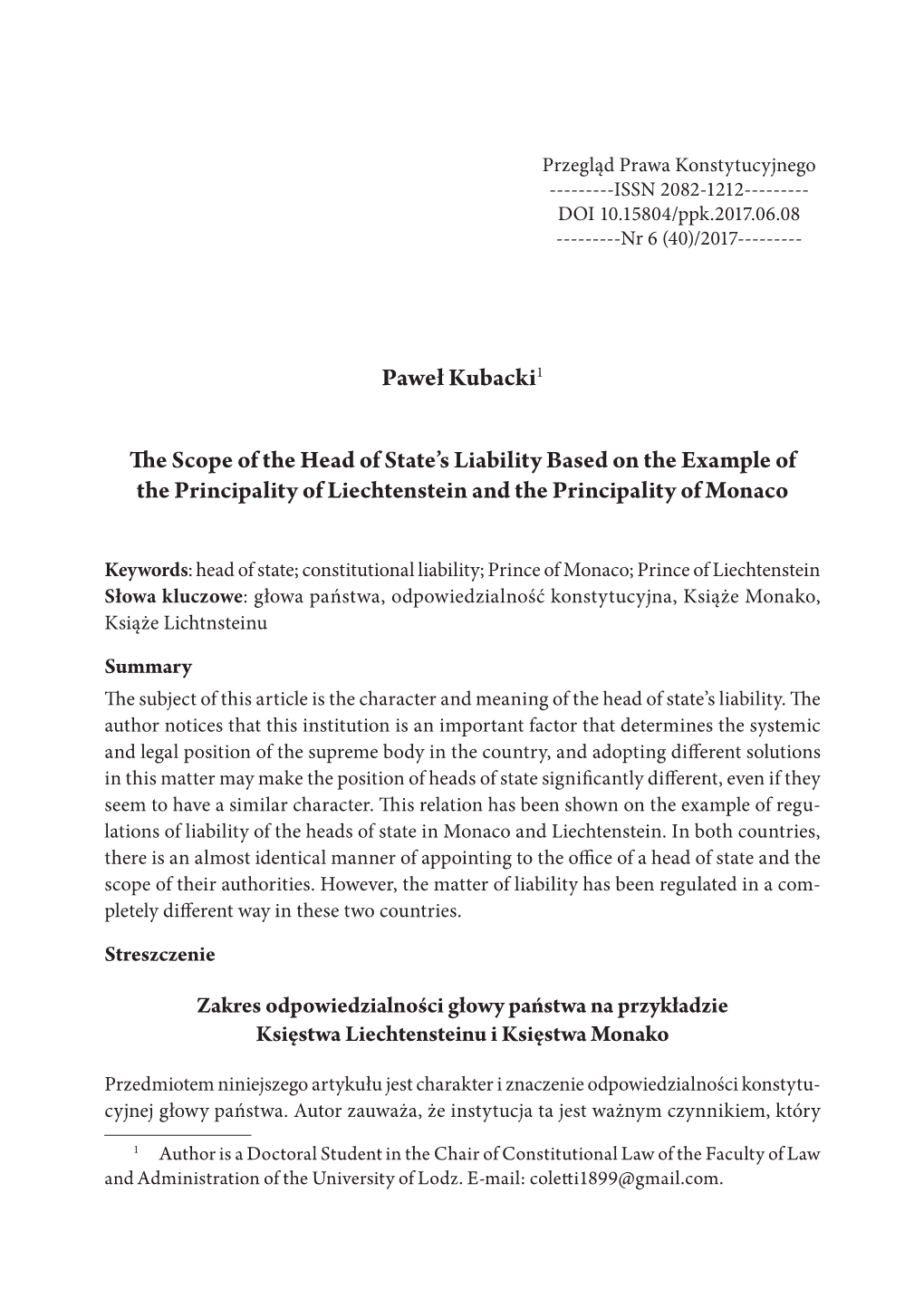 Paweł Kubacki1 the Scope of the Head of State's Liability Based On