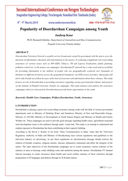 Popularity of Doordarshan Campaigns Among Youth Jasdeep Kaur Ph.D