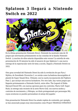 Splatoon 3 Llegará a Nintendo Switch En 2022