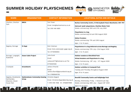 Summer Holiday Playschemes - Ward Organisation Contact Information Locations, Dates and Details