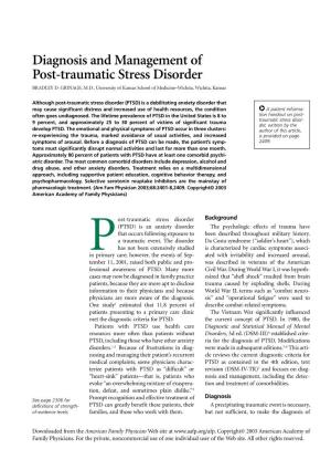 Diagnosis and Management of Post-Traumatic Stress Disorder BRADLEY D