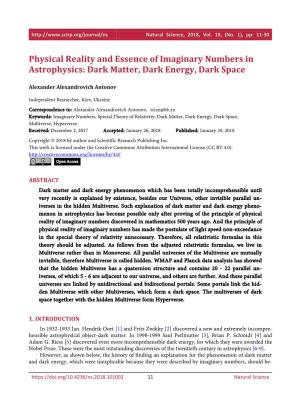 Physical Reality and Essence of Imaginary Numbers in Astrophysics: Dark Matter, Dark Energy, Dark Space