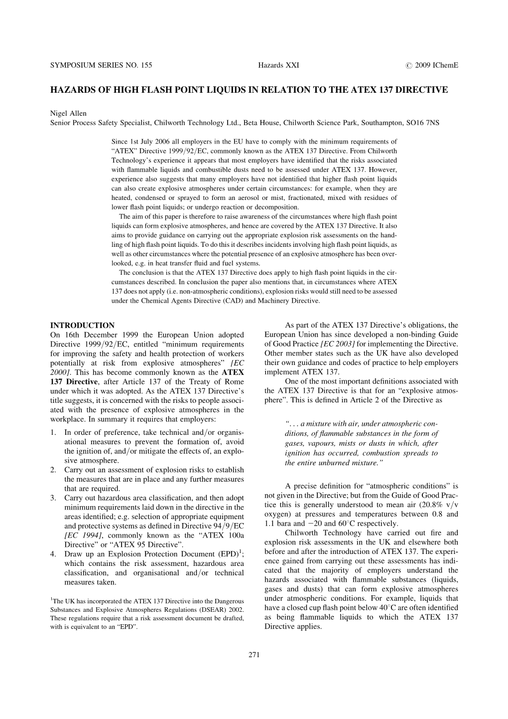 Paper 40. Hazards of High Flash Point Liquids in Relation to the Atex 137