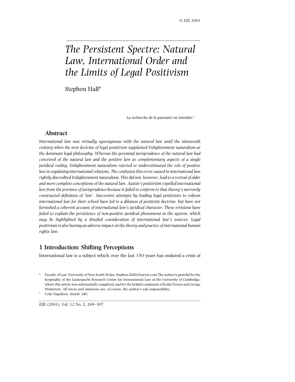 The Persistent Spectre: Natural Law, International Order and the Limits of Legal Positivism
