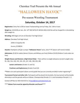 “HALLOWEEN HAVOC” Pre-Season Wrestling Tournament Saturday, October 14, 2017