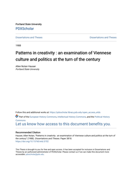 Patterns in Creativity : an Examination of Viennese Culture and Politics at the Turn of the Century