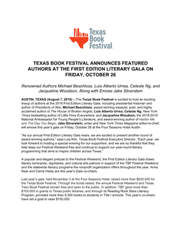 Texas Book Festival Announces Featured Authors at the First Edition Literary Gala on Friday, October 26