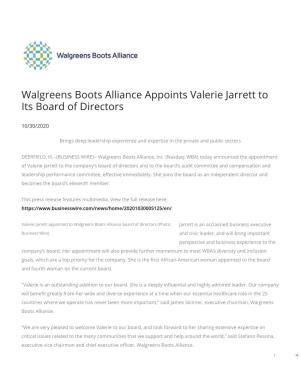 Walgreens Boots Alliance Appoints Valerie Jarrett to Its Board of Directors
