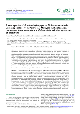 Copepoda, Siphonostomatoida, Lernaeopodidae) from Peninsular Malaysia, with Relegation of Two Genera Charopinopsis and Eobrachiella to Junior Synonyms of Brachiella