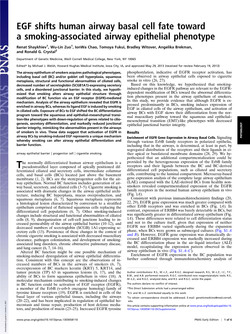 EGF Shifts Human Airway Basal Cell Fate Toward a Smoking-Associated Airway Epithelial Phenotype