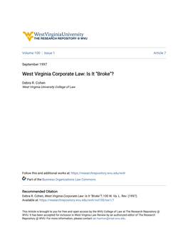West Virginia Corporate Law: Is It "Broke"?