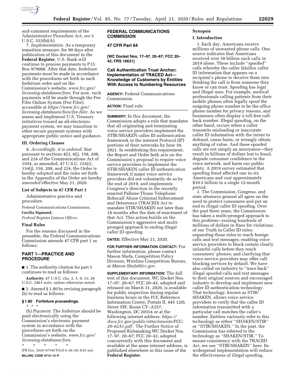 Federal Register/Vol. 85, No. 77/Tuesday, April 21, 2020/Rules