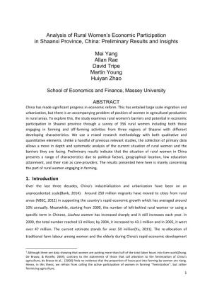 Analysis of Rural Women's Economic Participation in Shaanxi Province, China: Preliminary Results and Insights Mei Yang Allan R