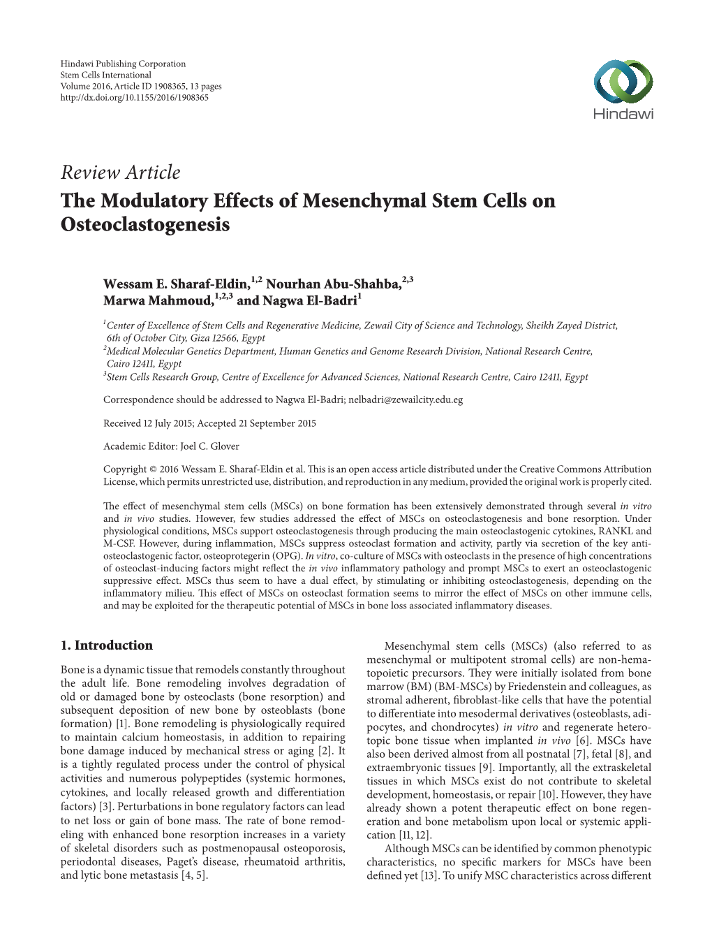 Review Article the Modulatory Effects of Mesenchymal Stem Cells on Osteoclastogenesis