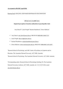 As Accepted to PD:TRT April 2018. Running Head: GENUINE and POSED DISTRESS in PSYCHOPATHY All Tears Are Crocodile Tears