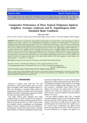 Comparative Performance of Three Tropical Turfgrasses Digitaria Longiflora, Axonopus Compressus and St. Augustinegrass Under Simulated Shade Conditions