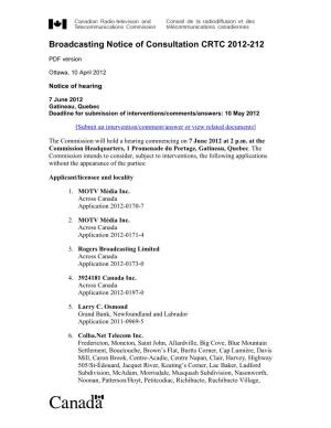 Broadcasting Notice of Consultation CRTC 2012-212