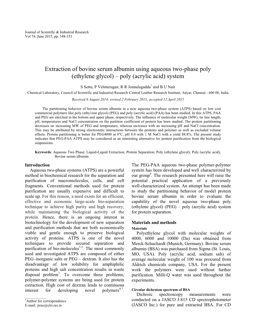 Extraction of Bovine Serum Albumin Using Aqueous Two-Phase Poly (Ethylene Glycol) – Poly (Acrylic Acid) System