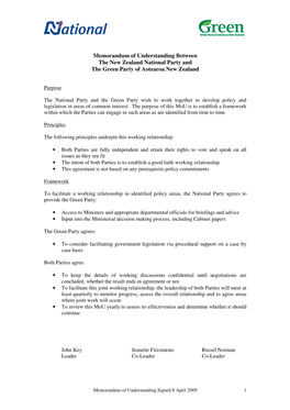 Memorandum of Understanding Between the New Zealand National Party and the Green Party of Aotearoa New Zealand