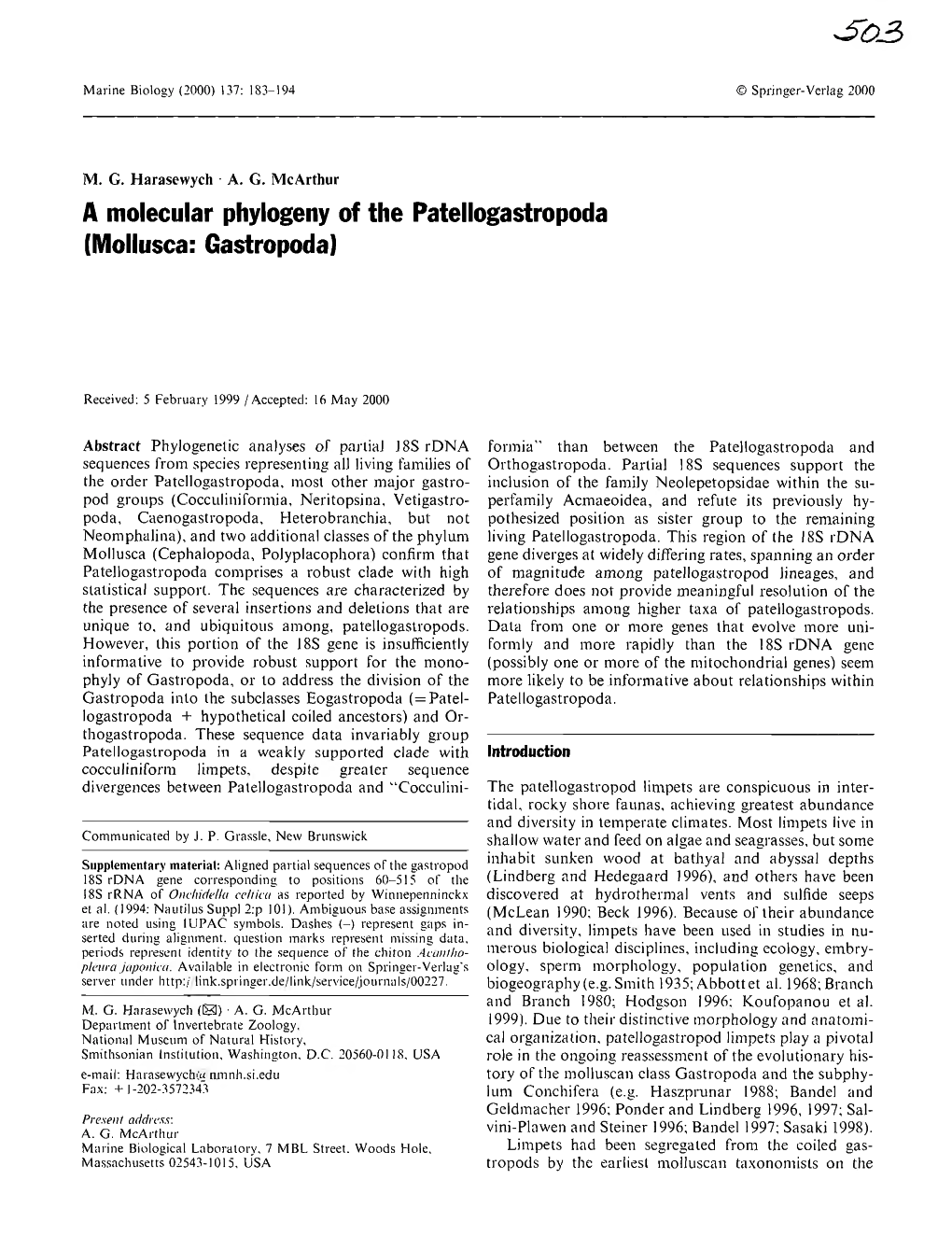 A Molecular Phylogeny of the Patellogastropoda (Mollusca: Gastropoda)