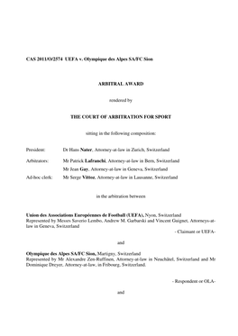 CAS 2011/O/2574 UEFA V. Olympique Des Alpes SA/FC Sion