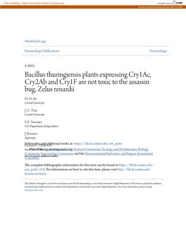 Bacillus Thuringiensis Plants Expressing Cry1ac, Cry2ab and Cry1f Are Not Toxic to the Assassin Bug, Zelus Renardii H.-H