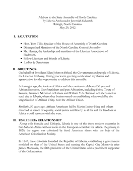 Address to the State Assembly of North Carolina by Liberia Ambassador Jeremiah Sulunteh Raleigh, North Carolina May 29, 2012
