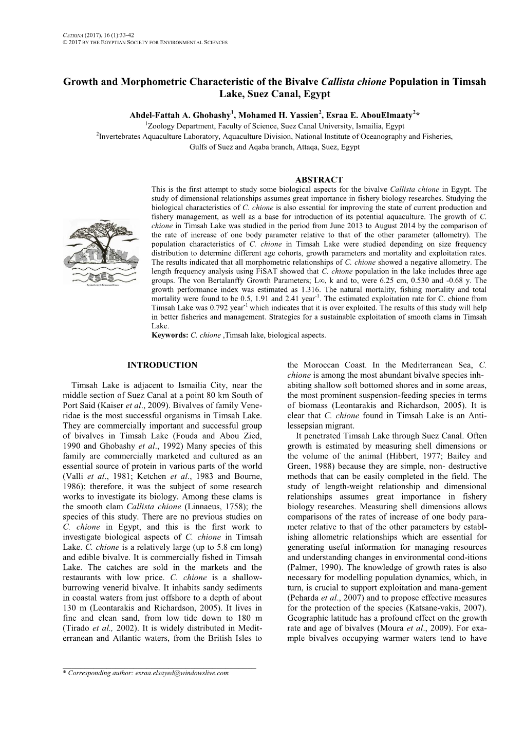 Growth and Morphometric Characteristic of the Bivalve Callista Chione Population in Timsah Lake, Suez Canal, Egypt