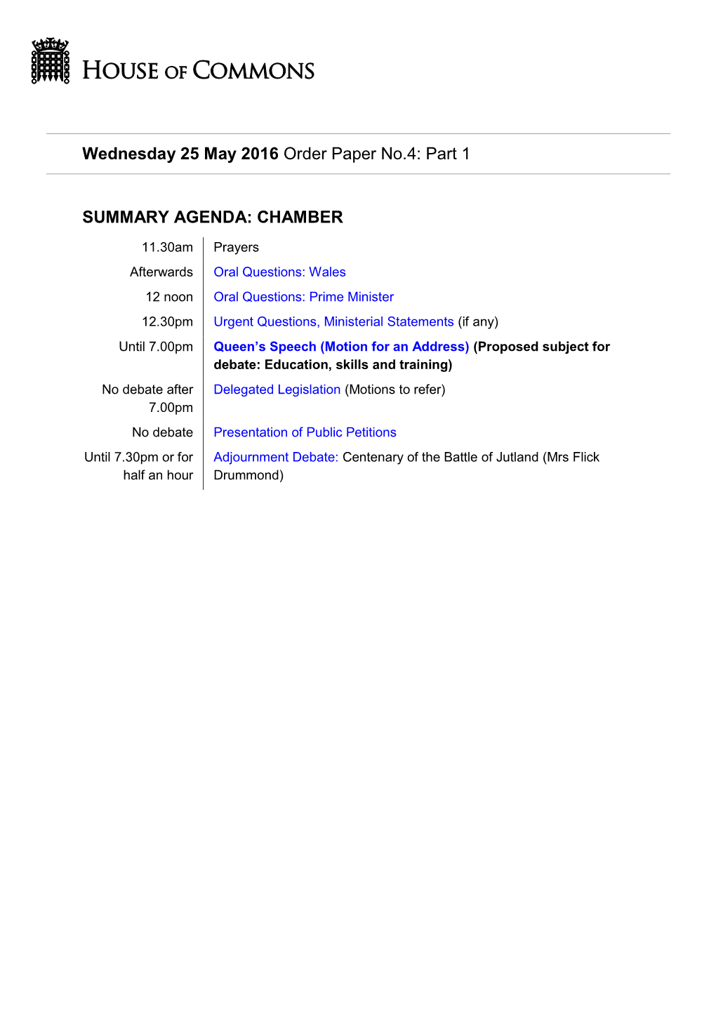 Wednesday 25 May 2016 Order Paper No.4: Part 1 SUMMARY AGENDA: CHAMBER