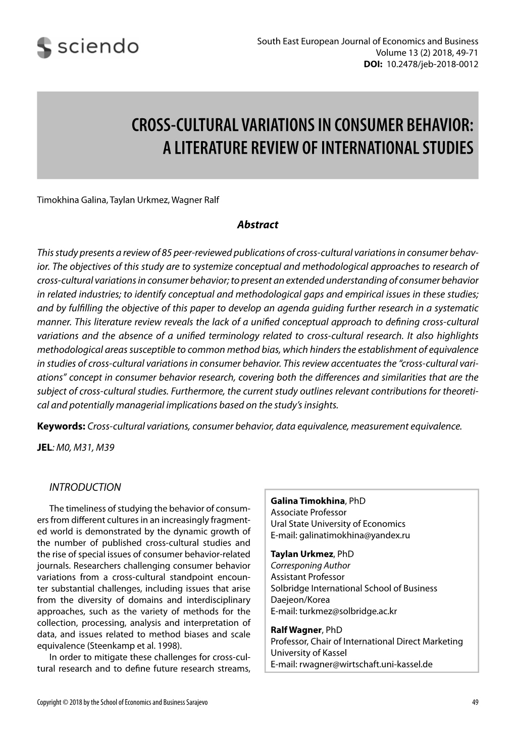 Cross-Cultural Variations in Consumer Behavior: a Literature Review of International Studies