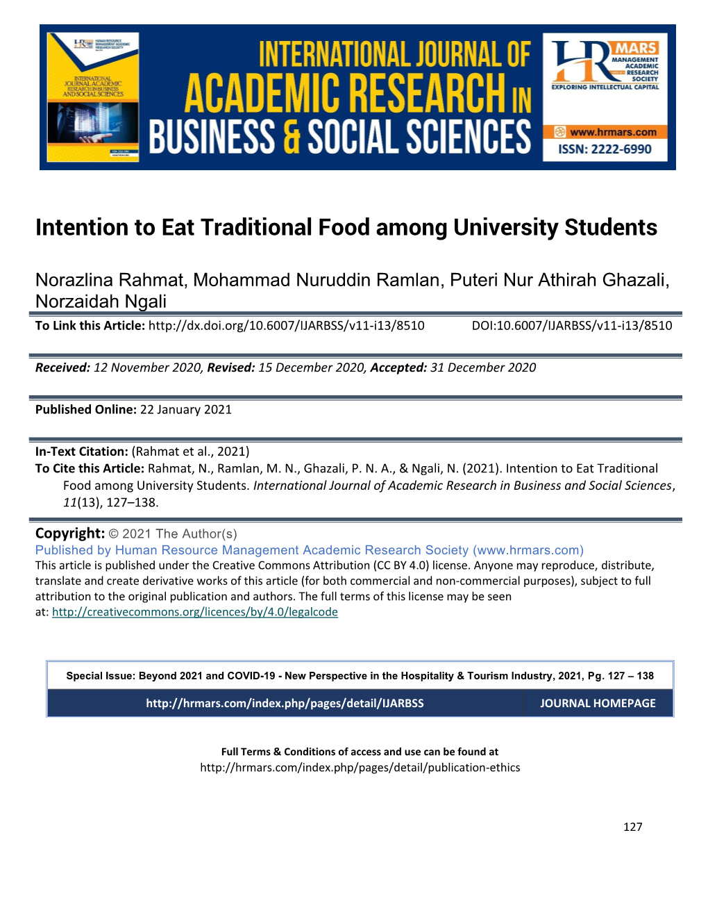 Intention to Eat Traditional Food Among University Students