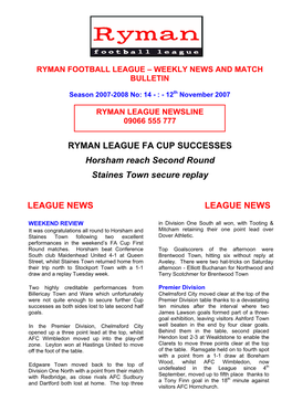 Ryman Football League – Weekly News and Match Bulletin