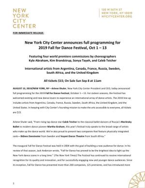 New York City Center Announces Full Programming for 2019 Fall for Dance Festival, Oct 1 – 13