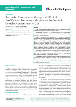 Successful Reversal of Anticoagulant Effect of Brodifacoum Poisoning with 4-Factor Prothrombin Complex Concentrate (PCC4)