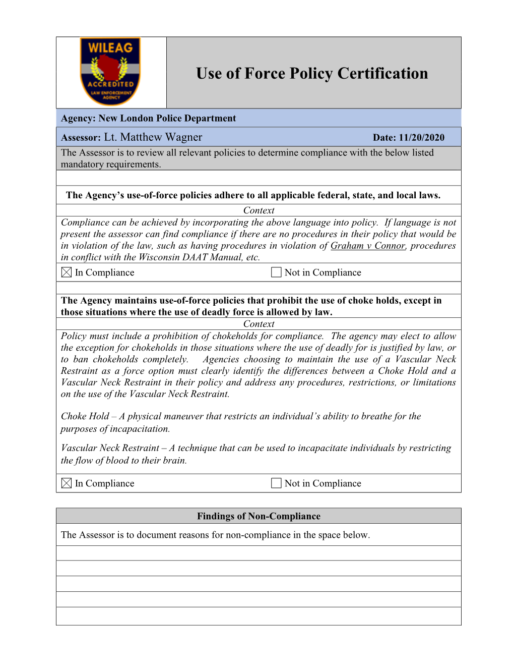 Use of Force Policy Certification