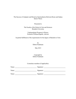 The Success of Antipater and Herod As Intermediaries Between Rome and Judaea Senior Thesis