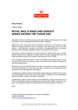 Royal Mail's Kings and Queen's Series Enters the Tudor