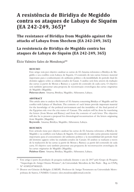 A Resistência De Biridiya De Megiddo Contra Os Ataques De Labayu De Siquém (EA 242-249, 365)*