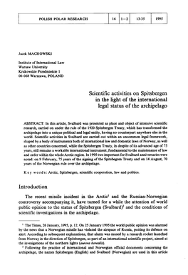 Scientific Activities on Spitsbergen in the Light of the International Legal Status of the Archipelago