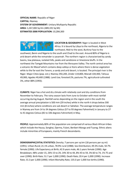Republic of Niger CAPITAL: Niamey SYSTEM of GOVERNMENT: Unitary Multiparty Republic AREA: 1,267,000 Sq Km (489,191 Sq Mi) ESTIMATED 2000 POPULATION: 10,284,300