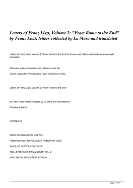 By Franz Liszt; Letters Collected by La Mara and Translated