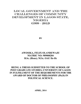 Local Government and the Challenges of Community Development in Lagos State, Nigeria (1999 – 2012)