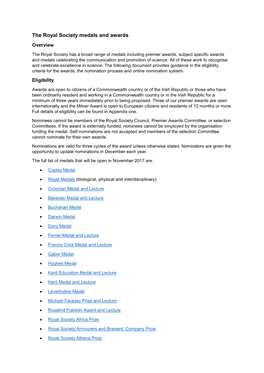 The Royal Society Medals and Awards Overview