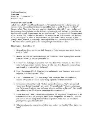Lifegroup Questions Overcome Based On: 1 Corinthians 15 March 30, 2014