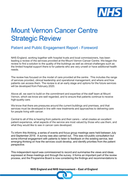 Mount Vernon Cancer Centre Strategic Review Patient and Public Engagement Report - Foreword