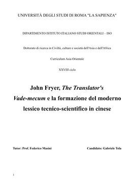 John Fryer, the Translator's Vade-Mecum E La Formazione Del Moderno Lessico Tecnico-Scientifico in Cinese